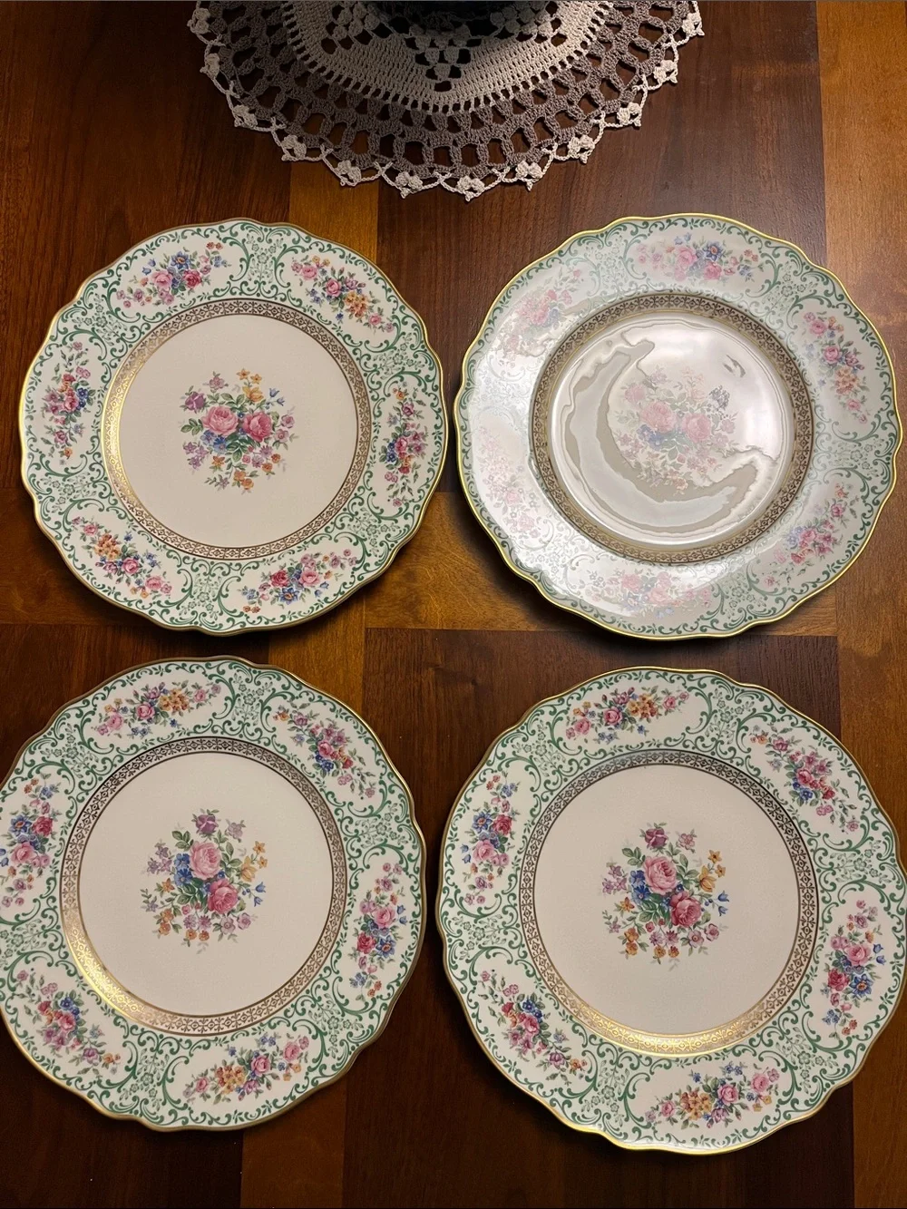 Classic Floral Dinner Plates – Green & Pink Pattern (Set of 4), vintage, bavaria